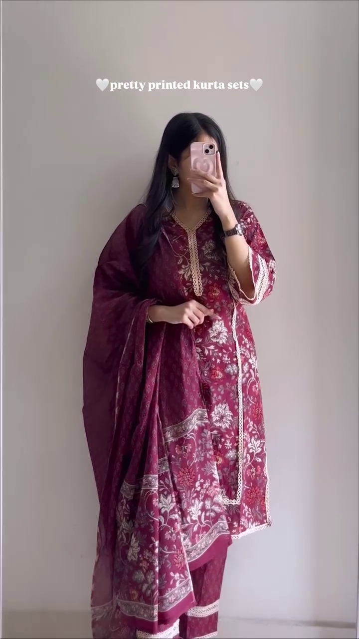 Women’s Elegant Floral Printed Kurta Set with Dupatta | Minimal Festive & Daily Wear Ethnic Outfit for Women