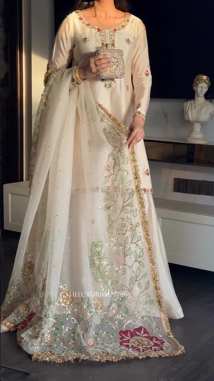 Women's Premium Ivory Embroidered Kurta Sharara Set with Designer Organza Dupatta | Festive, Wedding & Party Wear Ethnic Suit | Sizes XS-XXL