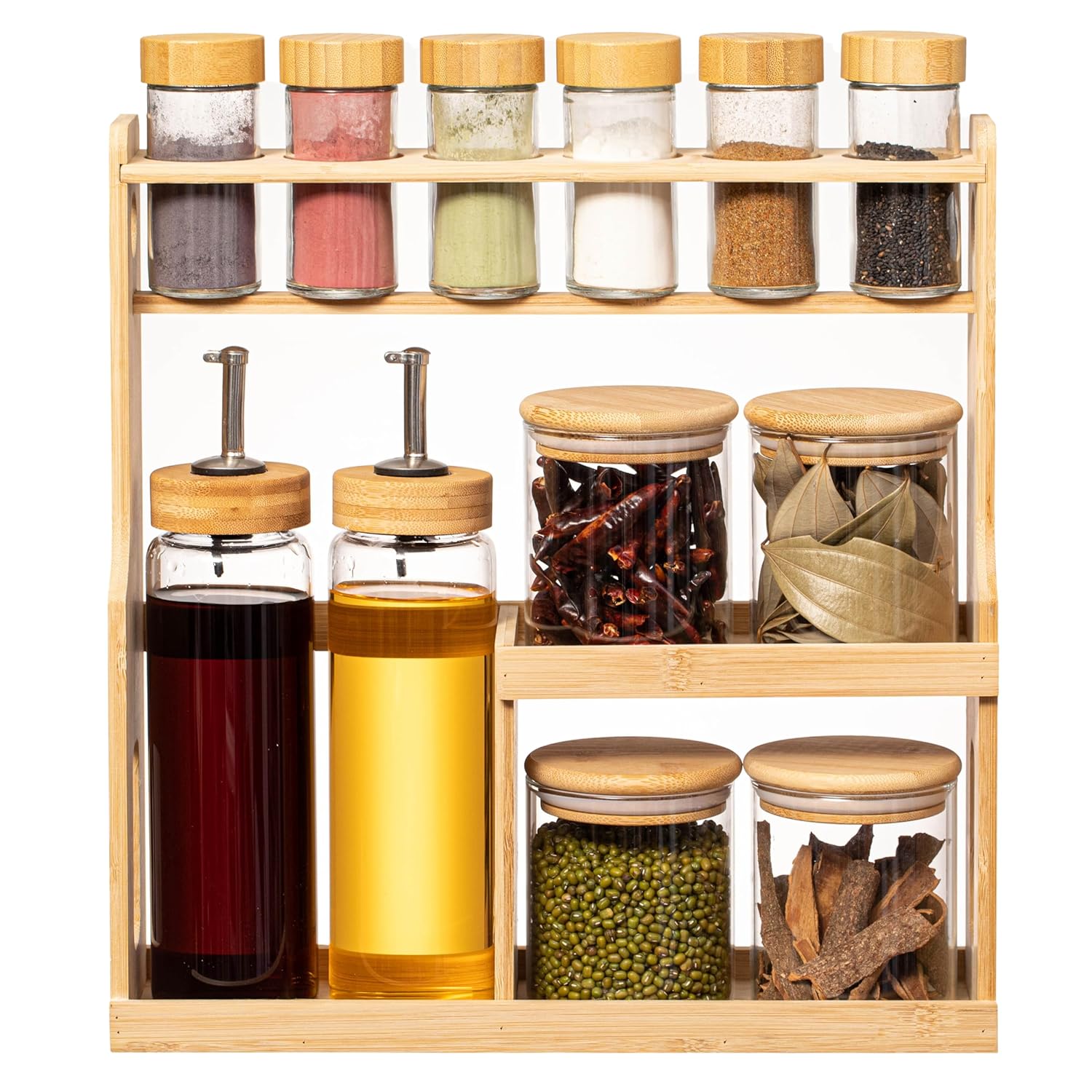Bamboo Spice Rack Organizer with Glass Spice Jars & Oil Dispenser Bottles | Kitchen Countertop Storage Rack | Multipurpose Seasoning Organizer for Home Kitchen