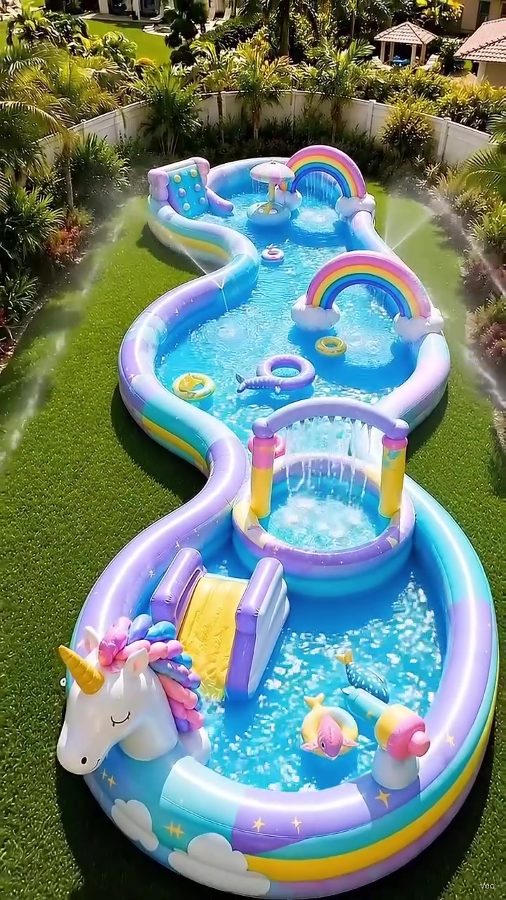 🦄 Unicorn Inflatable Water Park for Kids | Giant Rainbow Splash Pool with Slide, Sprinkler & Water Fountain | Outdoor Summer Swimming Play Center
