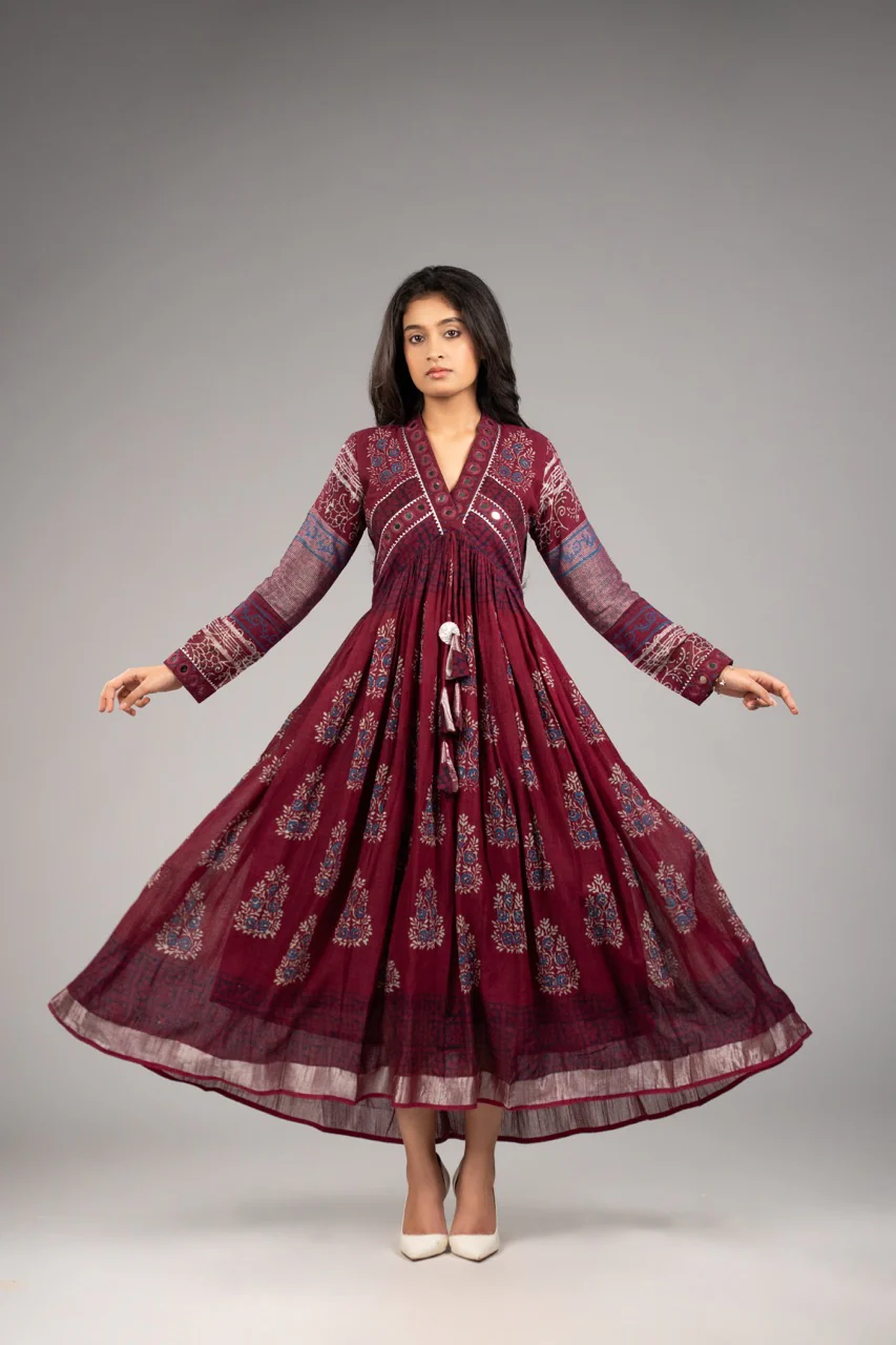 Women's Printed Cotton Anarkali Maxi Dress with Tassels | XXS–XXL