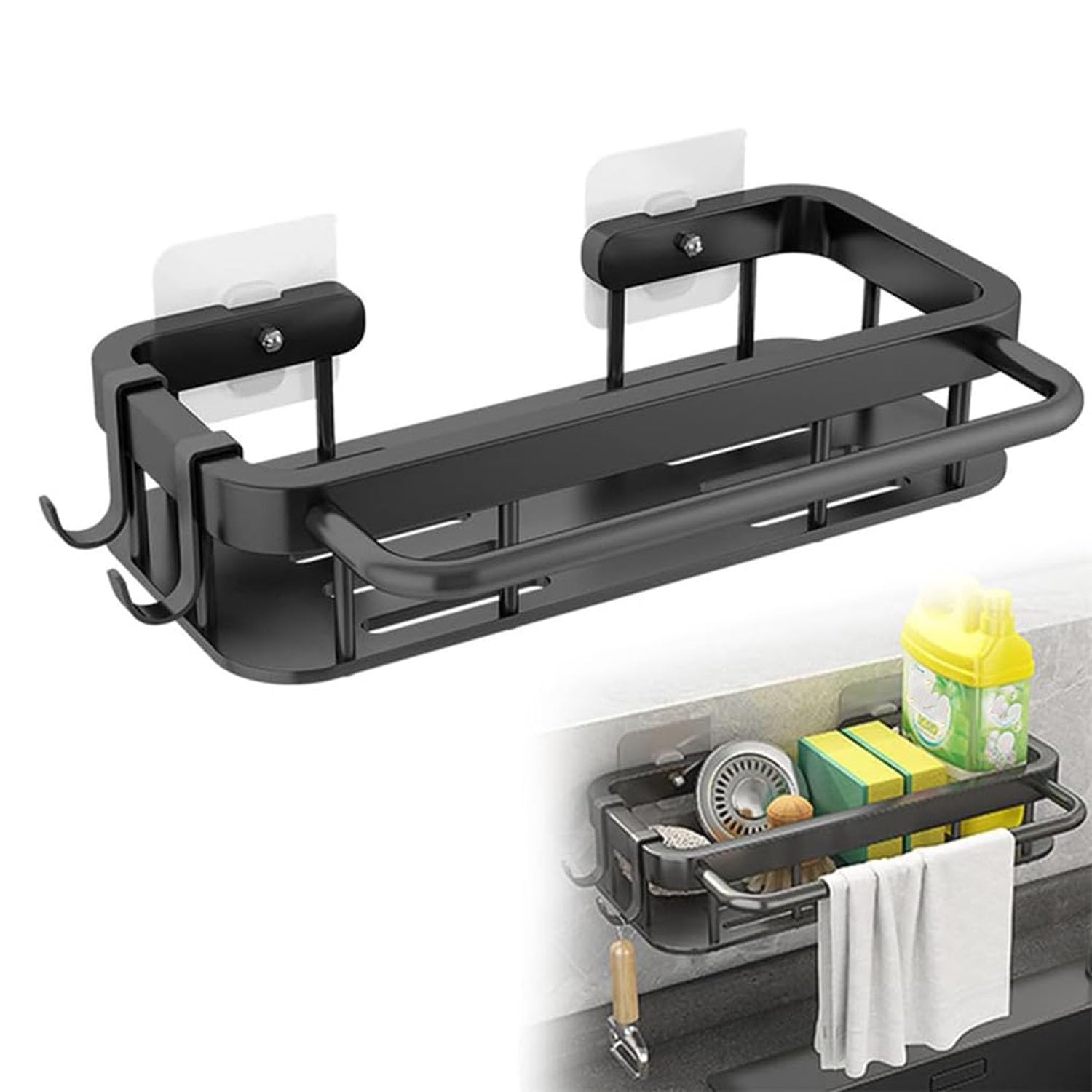Self-Adhesive Aluminum Bathroom & Kitchen Shelf | Wall Mounted Storage Rack with Towel Holder & Hooks | Rustproof Multipurpose Organizer for Bathroom, Kitchen, Wash Basin, Balcony & Laundry Room (Black)