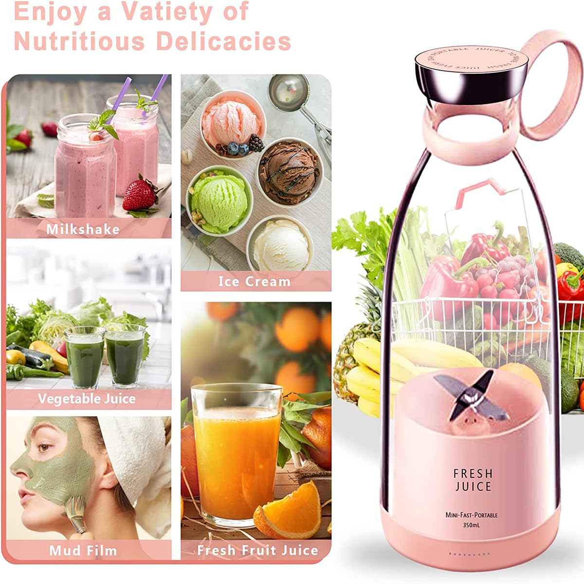 Portable USB Rechargeable Mini Blender Bottle 350ML | Personal Smoothie Maker with 6 Stainless Steel Blades | BPA-Free Travel Juicer Mixer for Shakes, Fresh Juice, Baby Food & Protein Drinks | Multiple Colors