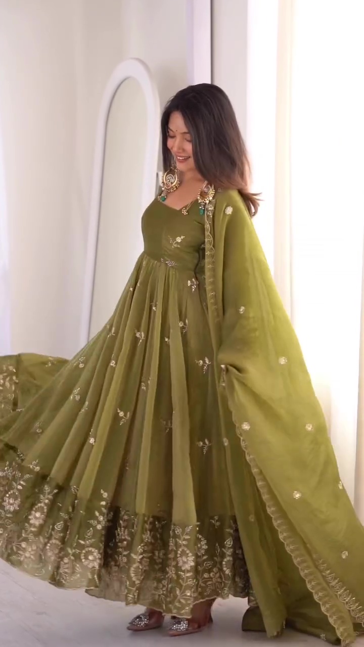 Women's Olive Green Embroidered Anarkali Kurta Set with Organza Dupatta | Designer Ethnic Party Wear Suit for Wedding, Festive & Traditional Occasions | XS-XXL