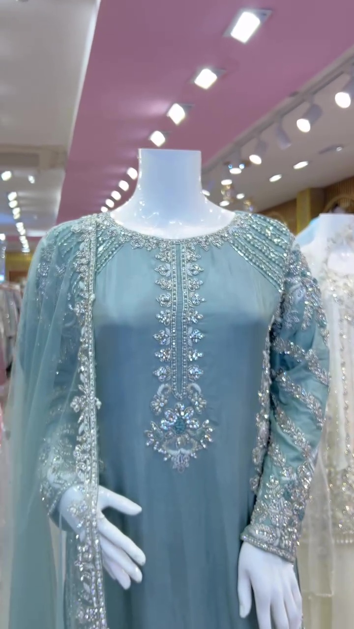Women's Luxury Ice Blue Heavy Embroidered Pakistani Style Suit Set with Organza Dupatta | Designer Wedding, Reception & Party Wear Ethnic Dress | XS-XXL