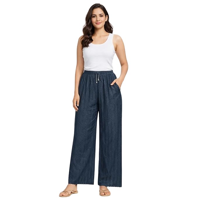 Women's Denim Look Wide Leg Palazzo Pants with Pockets | XXS–XXL